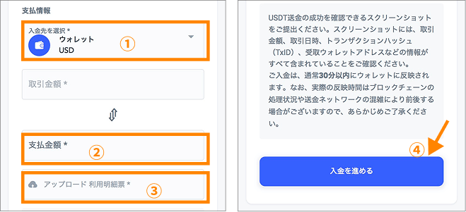 USDTで入金した情報を入力する操作画面