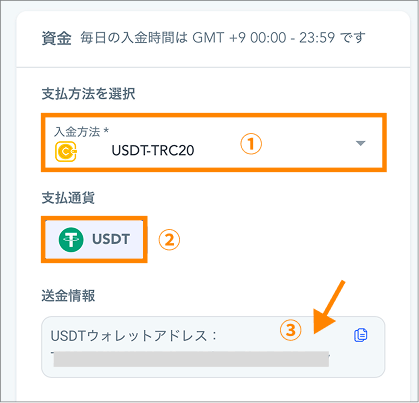 USDTで入金する操作画面